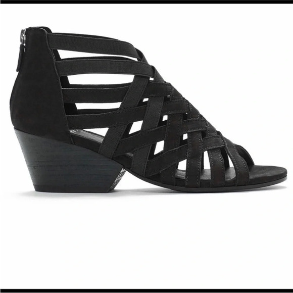 Eileen Fisher Black Oodle Tumbled Nubuck Leather Block Heel Cage Sandal Size 8.5 - Picture 1 of 16